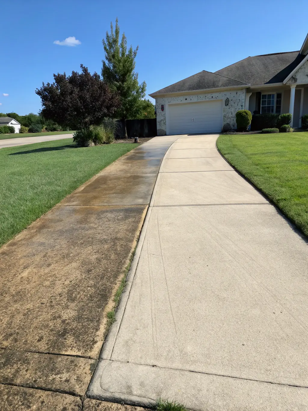 A clean driveway with a visible line between washed and unwashed sections, showcasing the transformation after residential power washing by Xpress Wash Solutions.