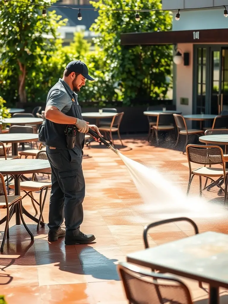 A patio being power washed, removing dirt and grime, revealing the clean surface underneath, performed by Xpress Wash Solutions.