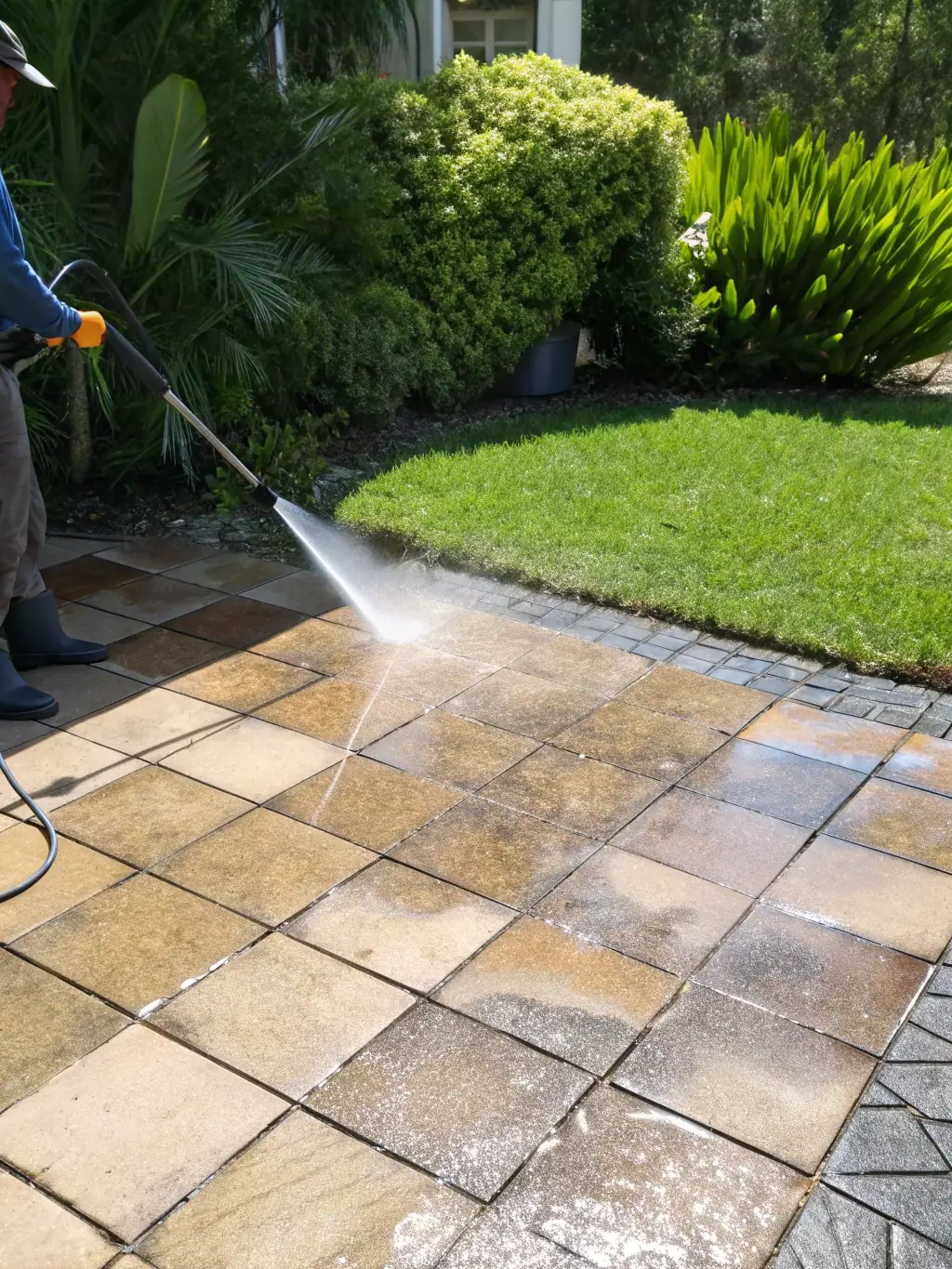 A patio being power washed, showing the removal of algae and moss, restoring the patio to its original condition.
